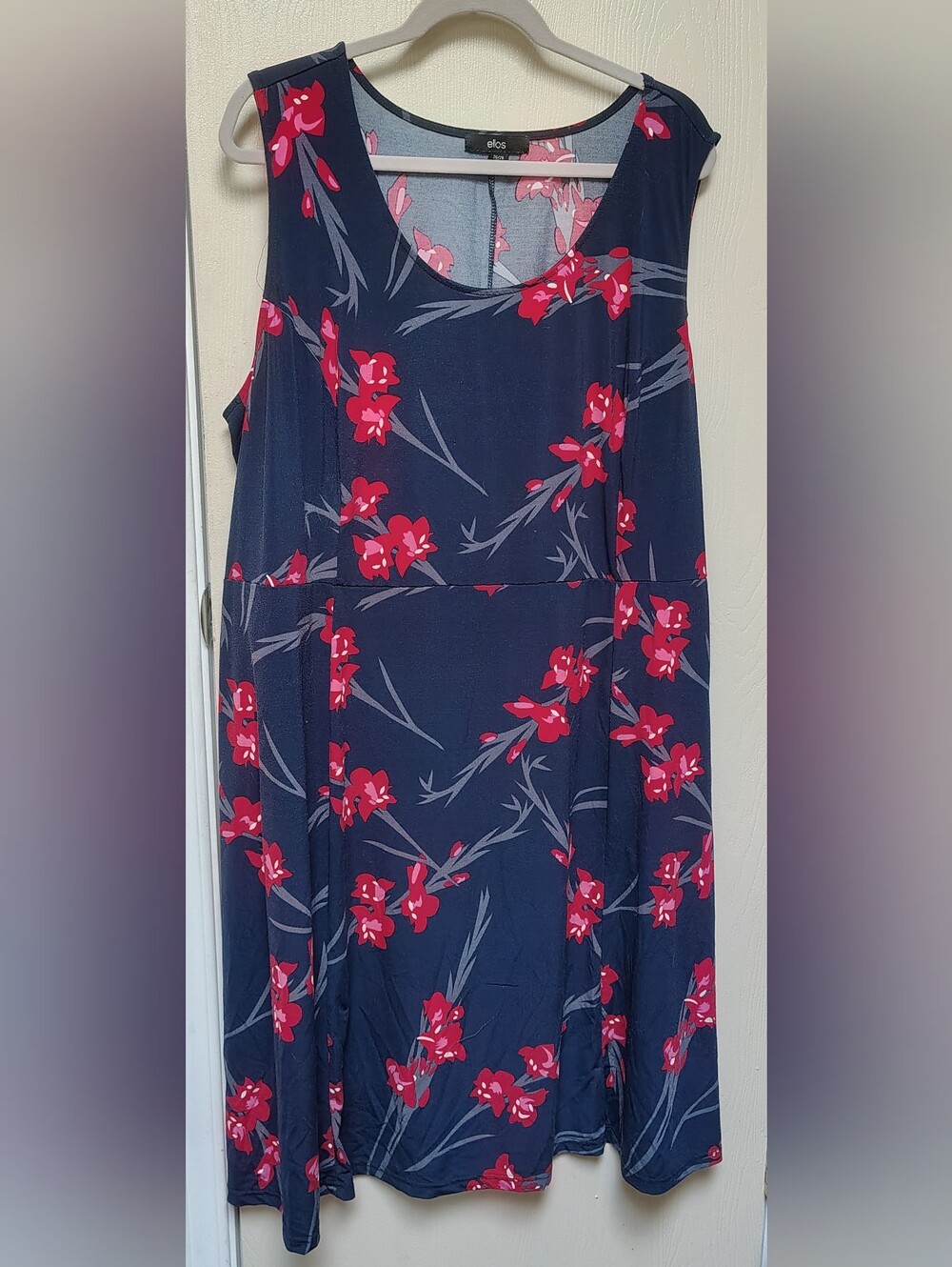ellos Navy Sleeveless Midi Dress with Dark Red Floral Print